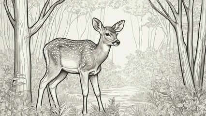 cute fawn in forest wildlife nature outline contour drawing illustration for coloring book page. bab