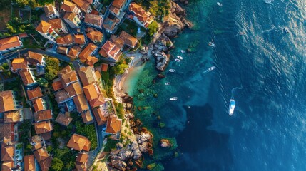 Aerial view of a coastal village with houses, beach, and boats on clear water.