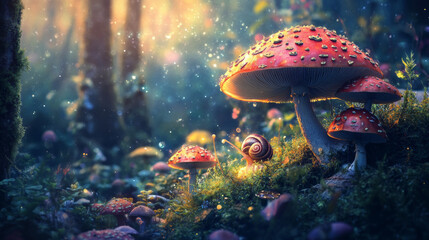 A fantastical, enchanting fairy meadow featuring mushrooms and a snail, set in a magical, fairytale forest. This elegant and artistic depiction highlights the beauty of nature in a mysterious natural 