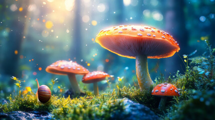 A fantastical, enchanting fairy meadow featuring mushrooms and a snail, set in a magical, fairytale forest. This elegant and artistic depiction highlights the beauty of nature in a mysterious natural 