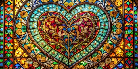 Poster - A close-up of a heart-shaped stained glass window with vibrant colors and intricate patterns, stained, heart, glass, window