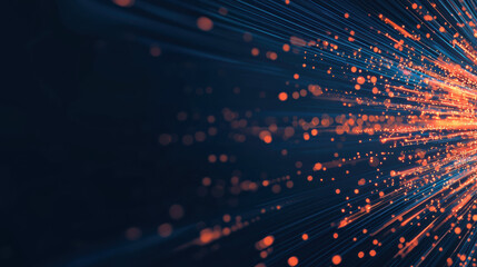 Wall Mural - Abstract technology background featuring vibrant orange light streaks and particles on a dark blue backdrop, illustrating speed and innovation.