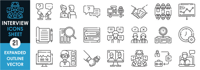 Poster - a set of line icons related to interview. meeting, interview, speech, online, television, defense, d