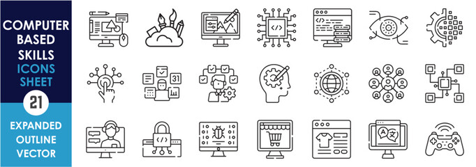 Leinwandbilder - A set of line icons related to Computer Based Skills. Design, Develop, create, webpage, network, graphic, shopping, training, gaming, and so on. Vector outline icons set.