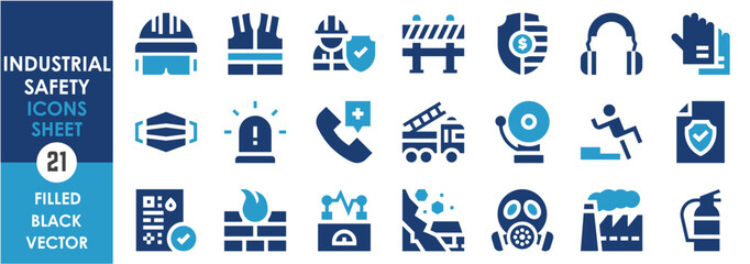 Poster - A set of solid icons related to Industrial Safety. Safe, safety, alarm, emergency, health, gears, helmet, construction, chemical, fire, and so on. Vector filled icons set.