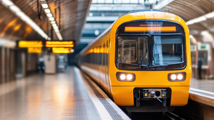 Modern yellow train at a sleek station platform, waiting for passengers in an urban transportation setting, under bright lights.