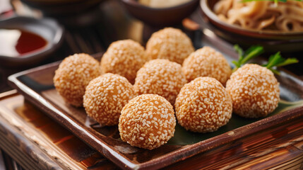 Wall Mural - Collection of deep-fried sesame balls arranged on a serving tray