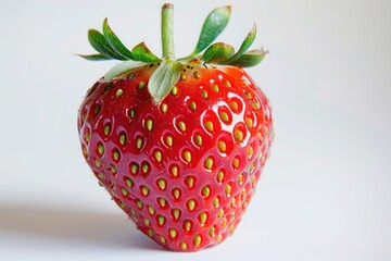 Wall Mural - A perfectly ripe strawberry with a green stem, isolated on a pure white background