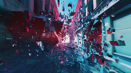 Poster - A blue and red abstract painting of a city street with a lot of debris. The mood of the painting is chaotic and disordered