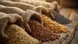 © LuvTK - A close-up view of various grains spilling out of burlap sacks onto a rustic wooden floor, with the intricate textures of the grains and sacks emphasized by soft, diffused light. Realistic, detailed,