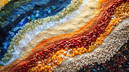 Wall Mural - A colorful mosaic design made from different grains, including rice, barley, and quinoa, forming intricate patterns on a white surface, captured in the warm, natural light of sunset,