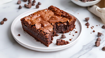 Fudge brownie with a bite taken out on a plain white dish