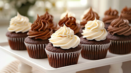 Wall Mural - Group of cupcakes, uniformly frosted, arranged neatly on a white serving tray