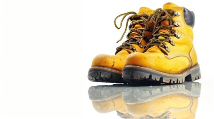 Secondhand yellow hiking boots on reflective white background