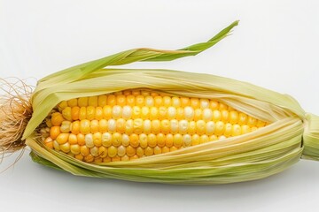 Wall Mural - A fresh, yellow corn on the cob with green husk, isolated on a pure white background