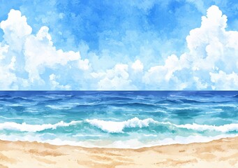 Wall Mural - Golden sand and waves on a tropical beach in the summer, hand drawn in watercolor