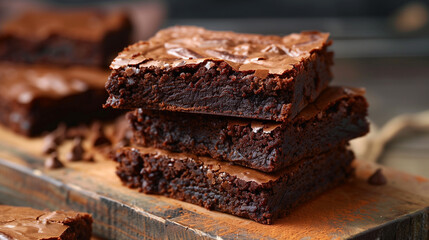 Wall Mural - Stack of three thick brownies displayed on a wooden cutting board, each with a fudgy texture