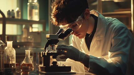 Poster - young scientist examines a sample under a microscope in a laboratory during the afternoon