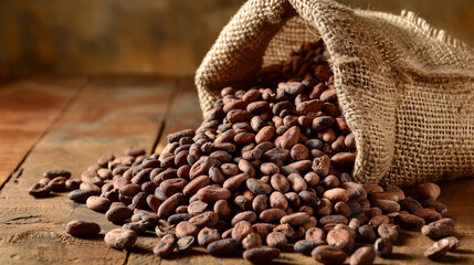 Wall Mural - Cocoa nibs spilling from a burlap sack next to cocoa beans on a table