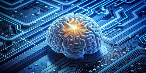 Poster - of a brain connected to a motherboard, representing future technology , future, technology