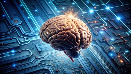 Fototapete - of a brain connected to a motherboard in a futuristic concept, technology, brain, connection, artificial intelligence