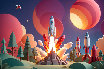 Wall Mural - a cartoonish drawing of a rocket launch with a red