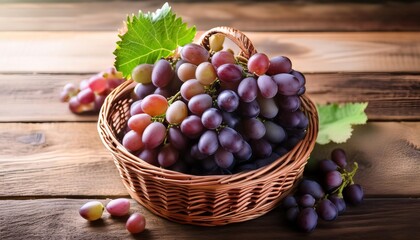 Wall Mural - Upper view of a bunch of fresh sweet grapes in a wicker basket on the wooden tab, generative IA