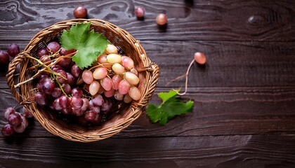 Wall Mural - Upper view of a bunch of fresh sweet grapes in a wicker basket on the dark woode, generative IA