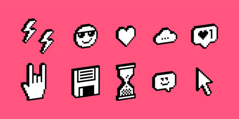 3D pixel art elements set. Y2k trendy stickers. Hourglass, lightning icon. Smile, heart, cloud. Mood of 90's aesthetics. 8-bit retro style vector illustration pack. Voxel art. Simple geometric form