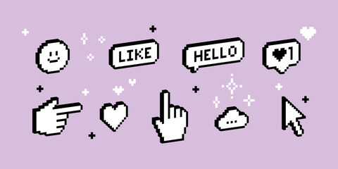 Fototapete - Trendy Y2k retro sticker pack in 3D pixel art. Voxel art. Pointing hand click icon. Smile, like, speech bubble Hello, heart, hand cursor, cursors icons click. Geometric simple shapes. Mood of 90's