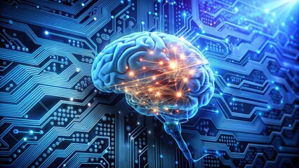 Fototapete - Brain connected to motherboard in abstract future technology concept , technology, connection, digital
