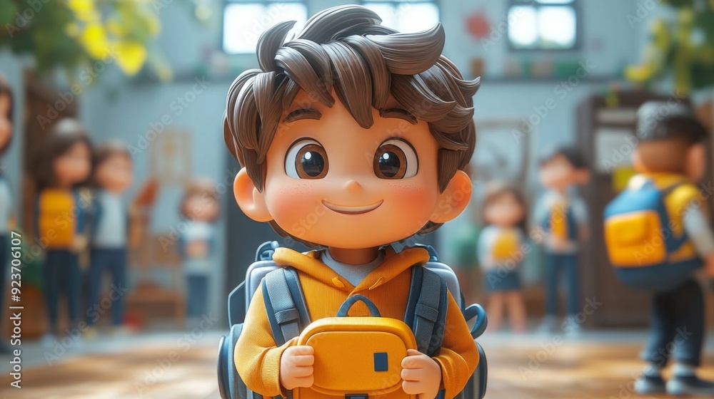 A cheerful boy with a backpack is smiling on his first day at school ...