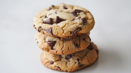 Canvas Print - Three chocolate chip cookies stacked on a plain white surface