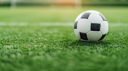 Close-up of a soccer ball on a green field.