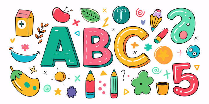 Doodle children font, cartoon funny alphabet, vector hand drawn scribble kid numbers, blobs. School wax crayon abc cute kindergarten handwriting letters, abstract shapes. Color pencil children font