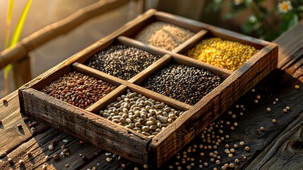 Wall Mural - A rustic setting with a wooden tray containing multiple compartments, each filled with various grains, arranged on a weathered wooden table, captured in the warm, natural light of sunset,