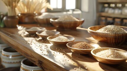 Wall Mural - A serene kitchen scene with various grains like rice, barley, and quinoa displayed in elegant ceramic bowls on a wooden table, with morning light streaming in,