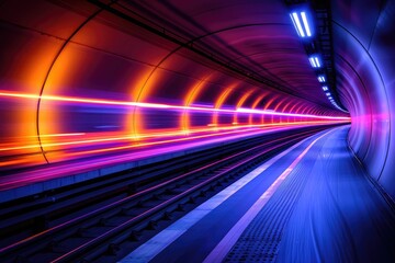 Poster - A Train Moving Through a Neon-Lit Tunnel