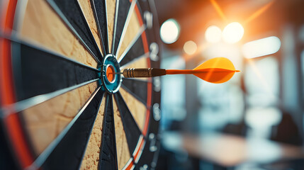 Close-up of an orange dart hitting the bullseye on a dartboard, symbolizing precision, accuracy, and achieving goals.