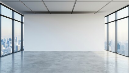 large white wall in an empty modern office space with concrete floors and floor-to-ceiling windows