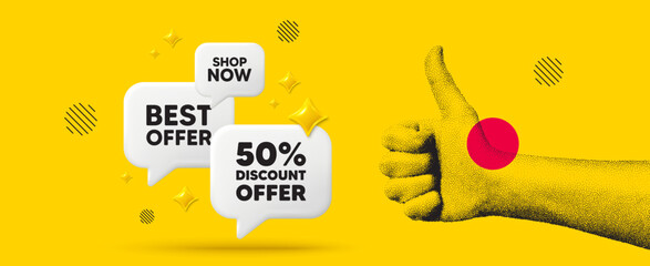 Wall Mural - Hand showing thumb up like sign. 50 percent discount tag. Sale offer price sign. Special offer symbol. Discount chat box 3d message. Grain dots hand. Like thumb up sign. Best offer. Vector