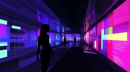 Wall Mural - High-tech virtual art gallery with AI-generated exhibits and interactive displays