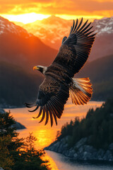 Wall Mural - A powerful eagle soaring above a mountain range, its wings spread wide against a golden sunset,