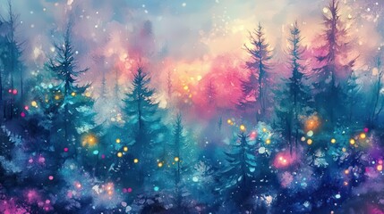 Christmas trees in the forest with colorful lights, watercolor style.