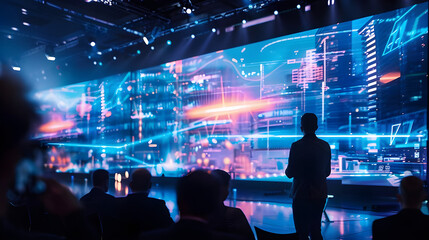 Poster - A business professional presents data on a large, futuristic digital screen in a dimly lit, high-tech conference setting.