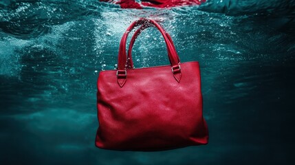 A striking red handbag floats underwater, showcasing its vibrant color and sleek design against the calm blue water background, creating an artistic and modern visual effect.