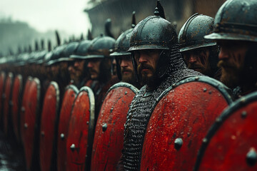 Aufkleber - The glint of wet armor and the unwavering stance of the phalanx as they prepare for an incoming enemy, rain cascading off their shields,