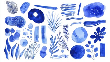 Wall Mural - The collection consists of handmade blue watercolor brushes, blobs, stains, circles, stripes, stickers, spots, blots, slicks, web buttons, patches and patch backgrounds that can be used to create