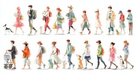 Watercolor sketches of diverse stylish men and women in an outdoor setting.