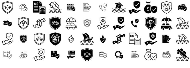 A Collection Of Insurance Isolated Silhouette Solid Icons With Care,Shield,Protection,Insurance,Security Vector Icon Set Linear Pictogram Pack